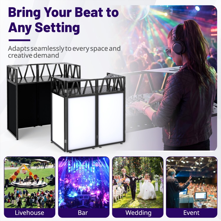 Portable DJ booth with black scrims, foldable design, and carrying bag, ideal for events, weddings, and live performances.