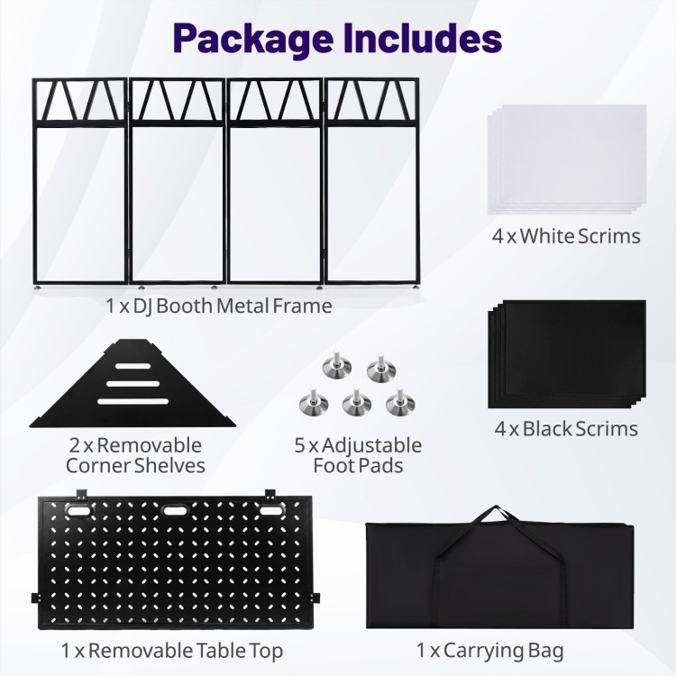 Portable DJ booth with black scrims, removable shelves, and carrying bag for versatile stage setups and clean cable management.