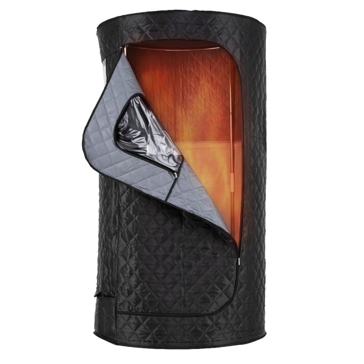 Portable black far infrared sauna tent with heated foot pad, featuring easy setup and 360° heating for full-body.