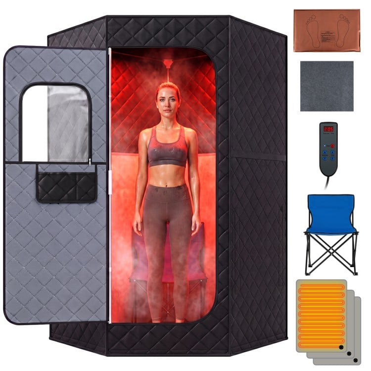 Portable black far infrared sauna box with carbon heaters, heated foot pad, and spacious design for full-body.