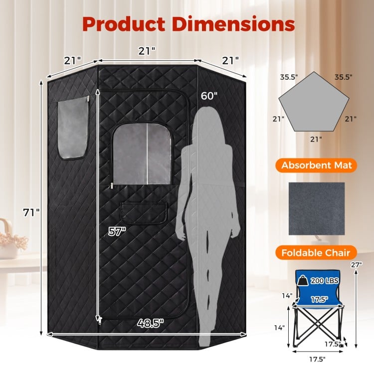Portable black far infrared sauna box with dimensions, featuring a spacious design and convenient controller for home.