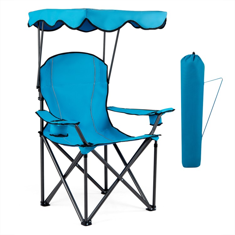 Light blue portable folding beach canopy chair with cup holders, featuring a durable steel frame for outdoor comfort.