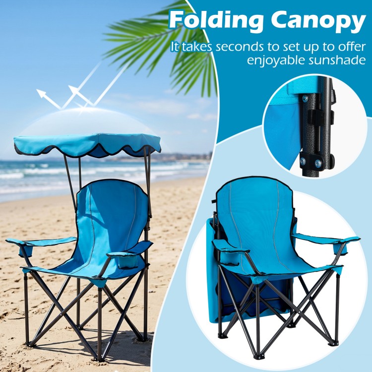 Light blue portable folding beach canopy chair with cup holders, ideal for outdoor use like picnics and fishing.