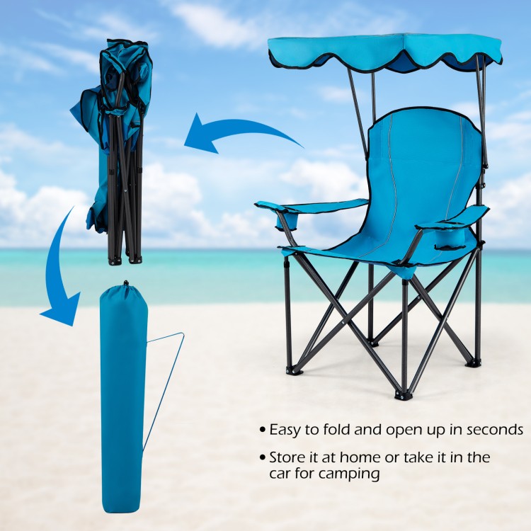 Light blue portable folding beach canopy chair with cup holders, ideal for camping and outdoor activities.