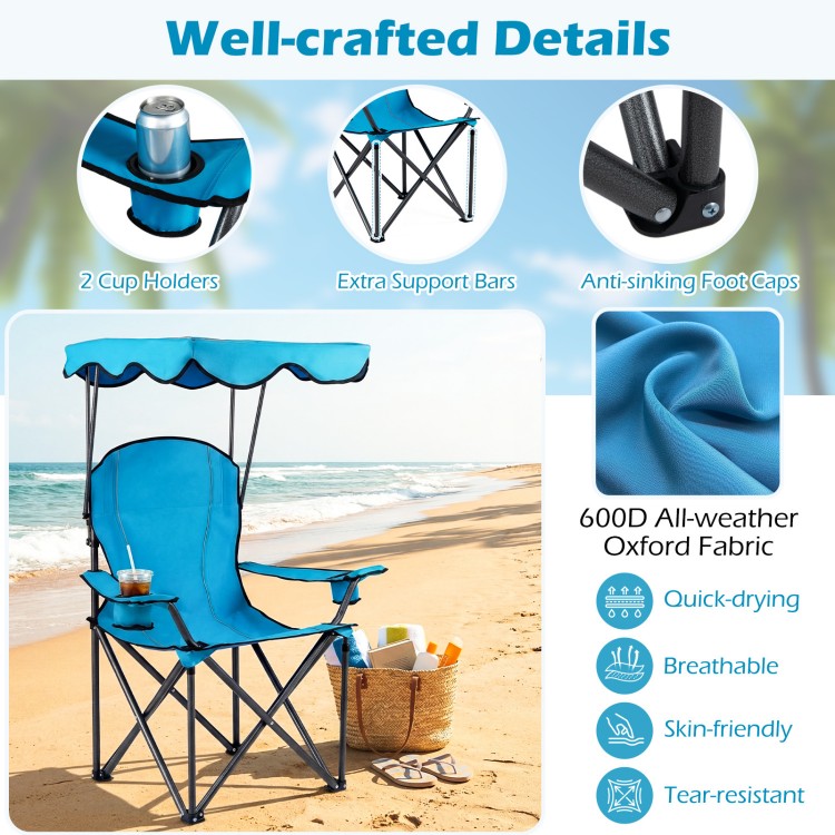 Light blue portable folding beach canopy chair with cup holders, made from 600D all-weather fabric, ideal for outdoor.