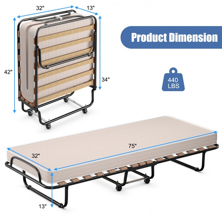 Portable folding bed with beige memory foam mattress, sturdy metal frame, and 360° wheels for easy movement and storage.