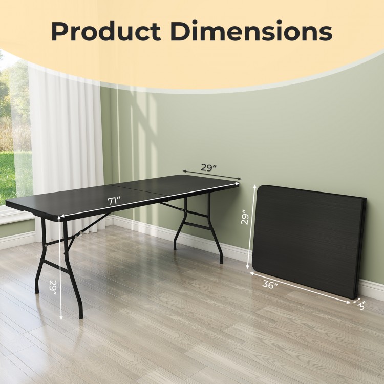 Portable folding camping table dimensions showing a black tabletop, sturdy steel frame, and compact design for easy.