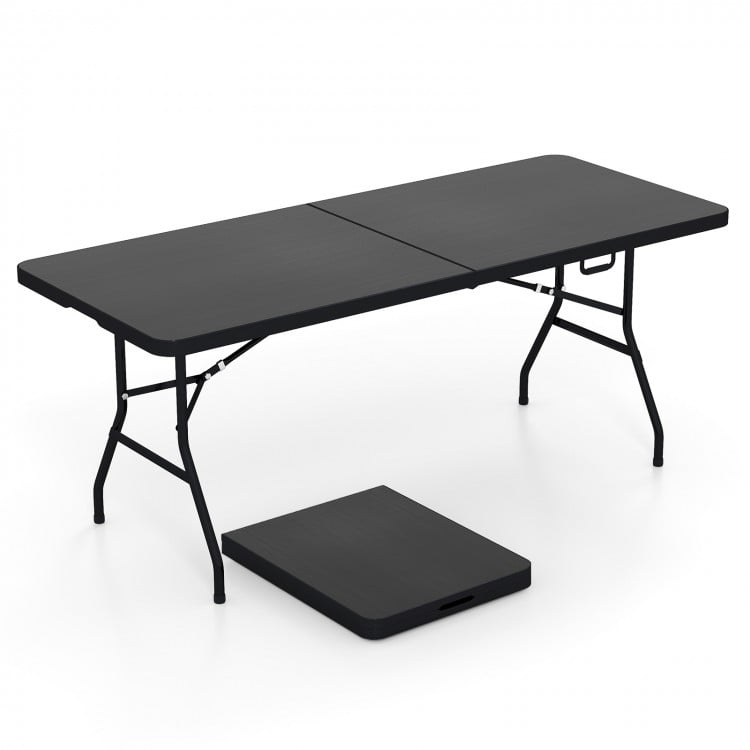 Portable folding camping table in black with a large tabletop, sturdy steel frame, and carrying handle for easy.