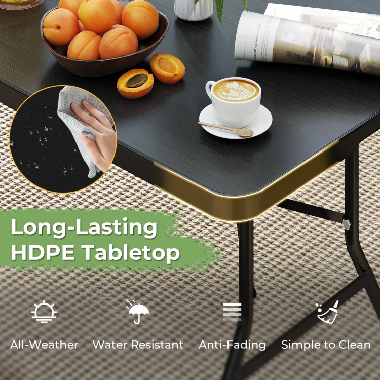 Portable folding camping table with HDPE tabletop, sturdy steel frame, and waterproof surface, ideal for outdoor use.