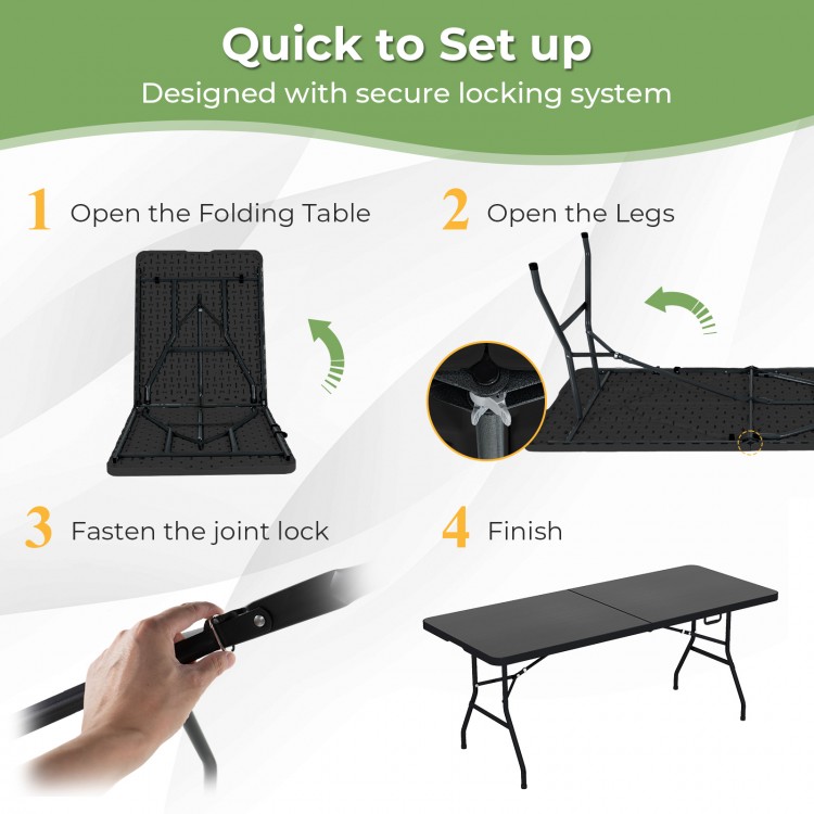 Portable folding camping table setup steps, featuring a sturdy black design with a secure locking system for stability.