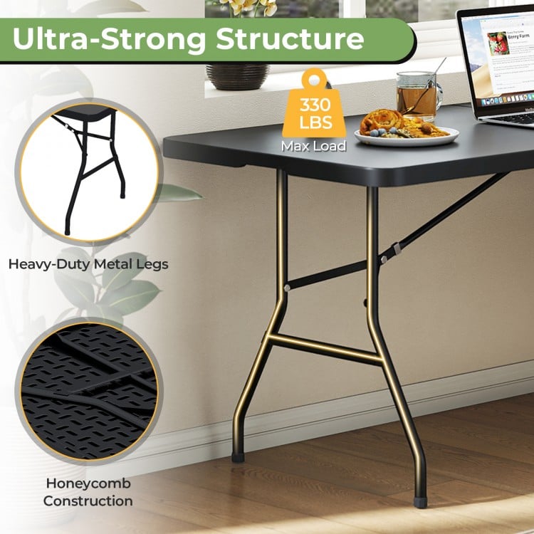 Portable folding camping table with heavy-duty metal legs and honeycomb construction, ideal for outdoor picnics and.