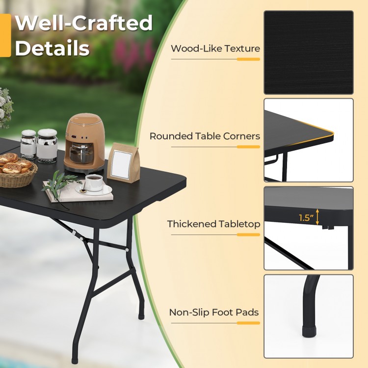 Portable folding camping table with rounded corners, thickened tabletop, and non-slip foot pads for stability.
