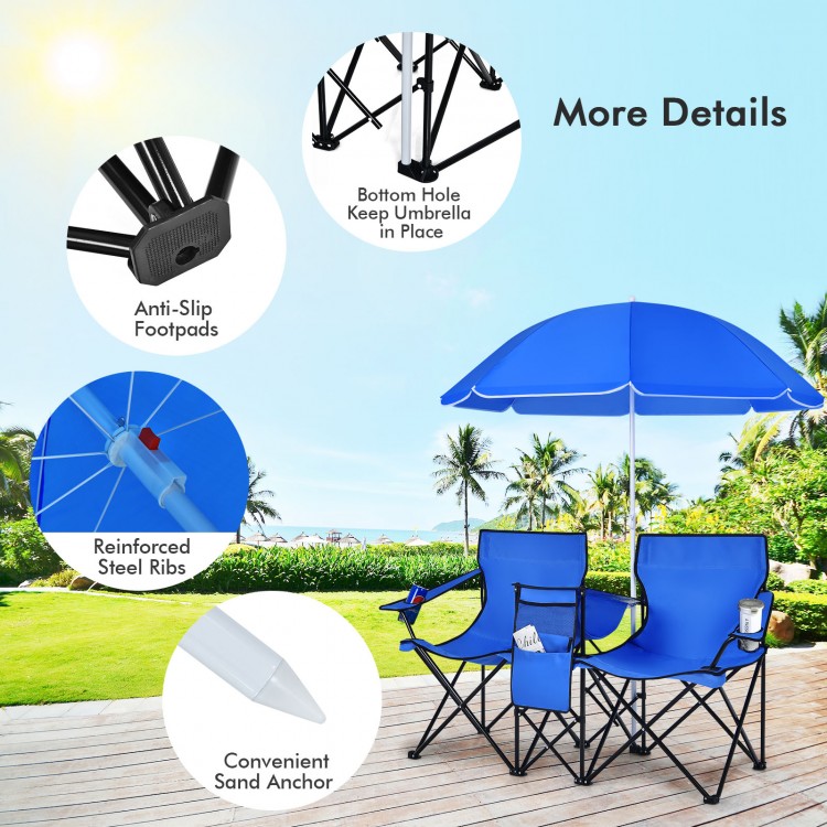 Portable folding picnic double chair set with blue umbrella, featuring side pockets and cup holders for outdoor.