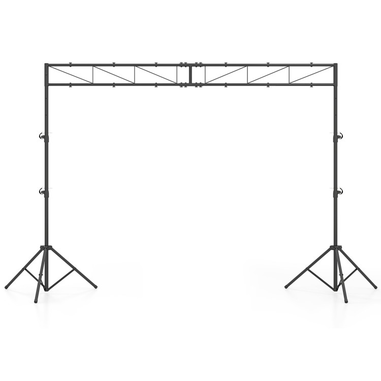 Height adjustable portable lighting truss system with folding tripods, supports up to 12 lights for events and.