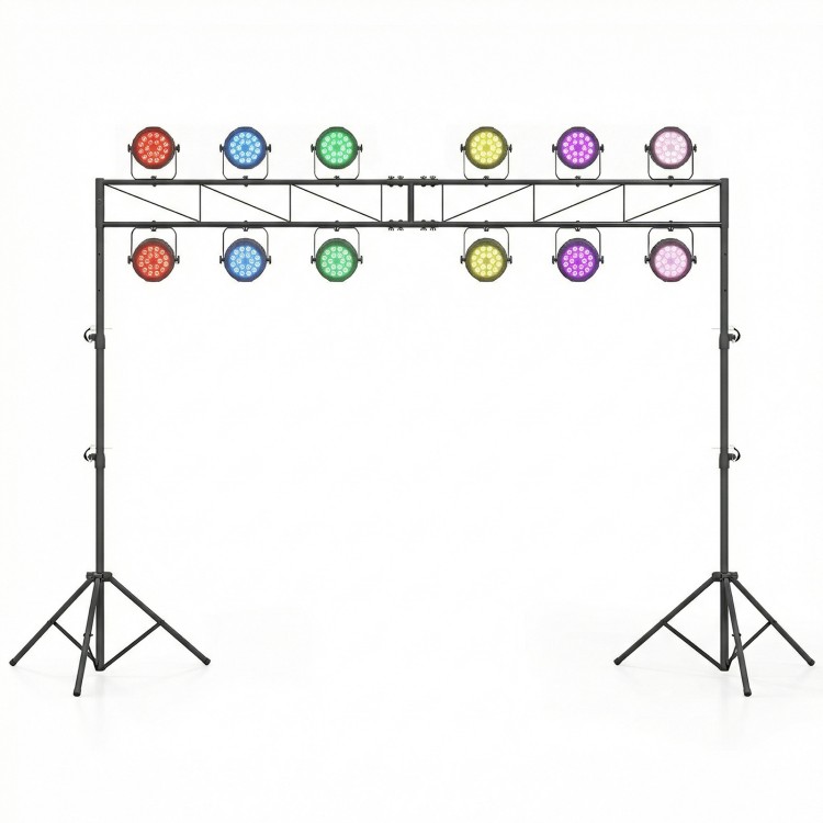 Height adjustable portable lighting truss system with 12 light capacity, featuring sturdy metal frame and foldable.