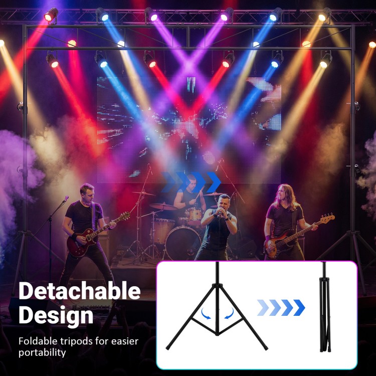 Height adjustable portable lighting truss system with foldable tripods, designed for easy transport and stability at.