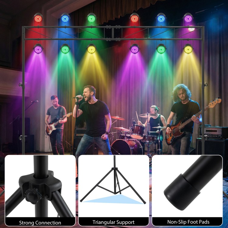 Height adjustable portable lighting truss system with two folding tripods, ideal for concerts and events.