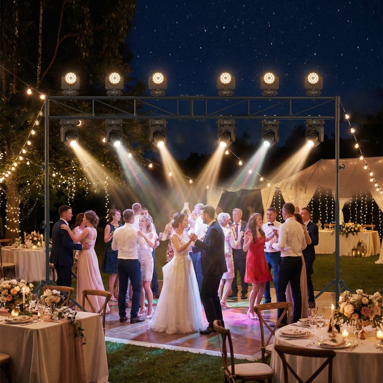 Height adjustable portable lighting truss system with two folding tripods, ideal for weddings and events.