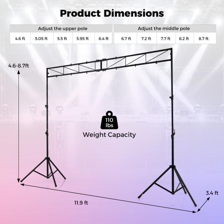 Height adjustable portable lighting truss system with folding tripods, supports up to 12 lights, ideal for events.