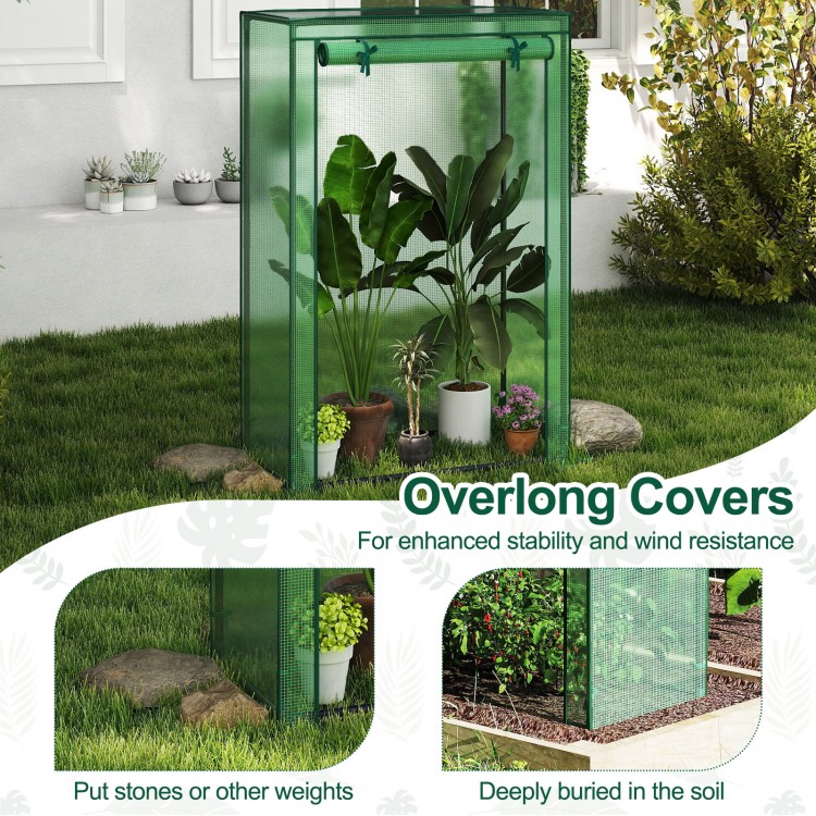 Portable mini greenhouse with roll-up zippered door, green PE grid cover for sunlight, ideal for small spaces and plant.