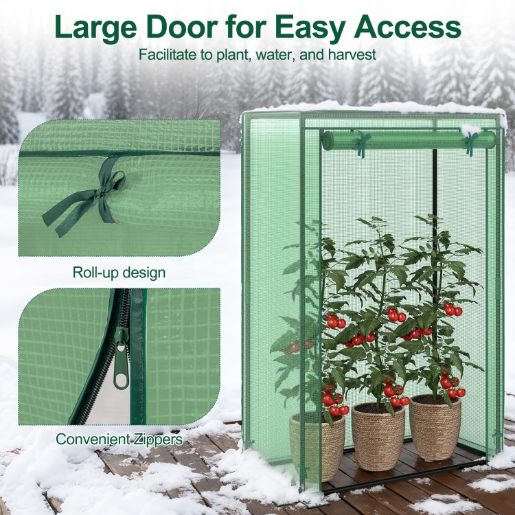 Portable mini greenhouse showcasing large roll-up door and convenient zippers, perfect for easy access to plants.