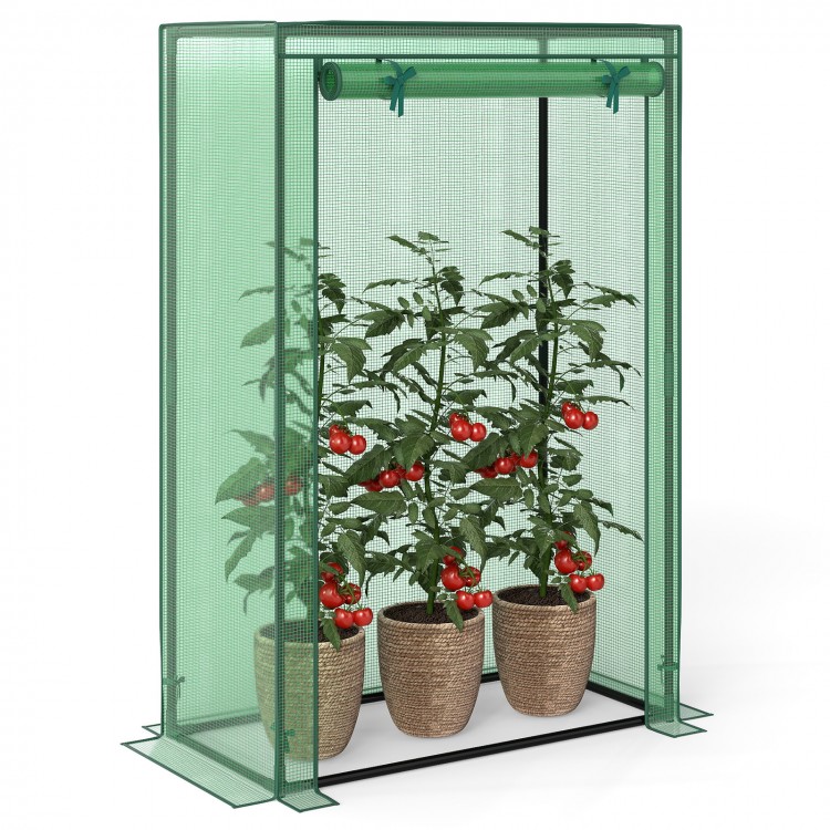 Portable mini greenhouse with roll-up zippered door, featuring a heavy-duty metal frame and PE grid cover for healthy.