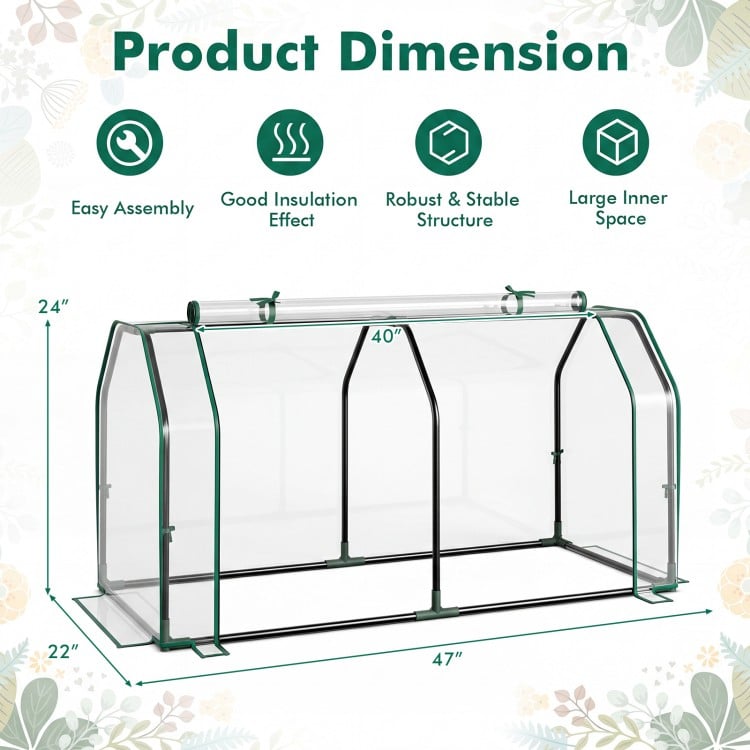 Portable mini greenhouse with PE cover, zippered door, and sturdy metal frame, ideal for backyard or garden use.