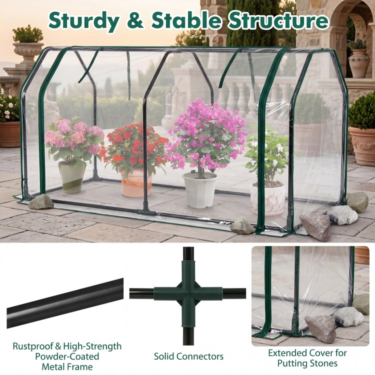 Portable mini greenhouse with waterproof PE cover, zippered door, and sturdy metal frame for backyard plant protection.