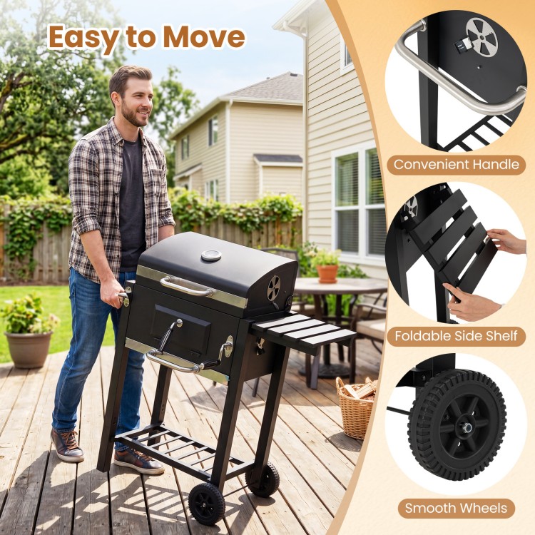 Portable outdoor barbecue grill with wheels and handle, featuring a height-adjustable charcoal tray for flexible.