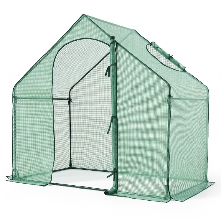 Portable outdoor warm house with PE cover, zippered door, and sturdy metal frame for year-round plant protection.