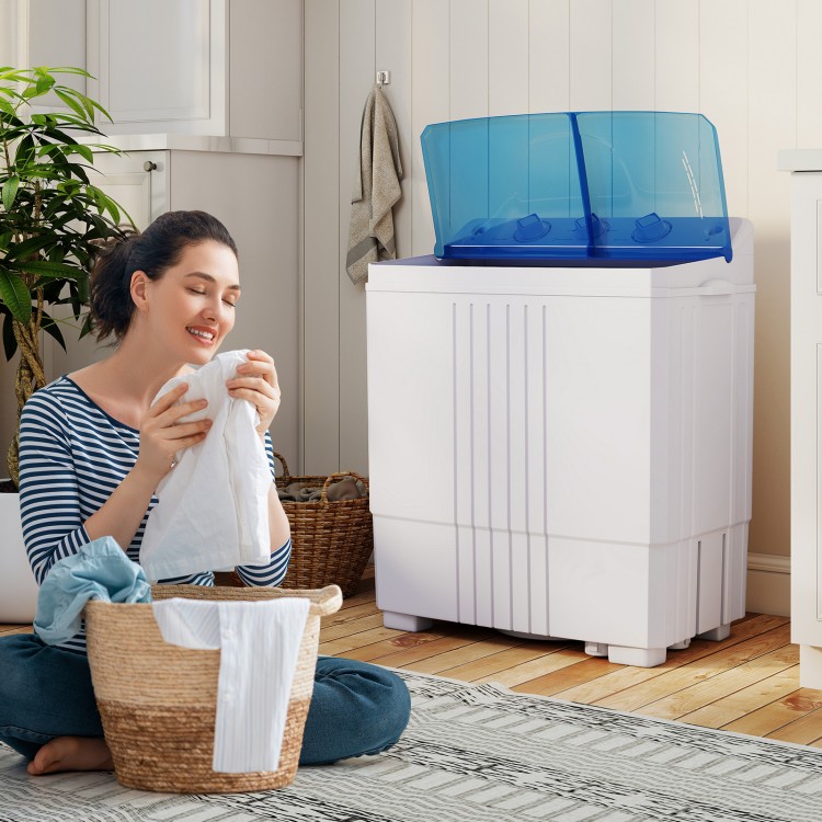 Portable washing machine in blue with dual motors, 12 lbs capacity, and built-in drain pump for convenient laundry.