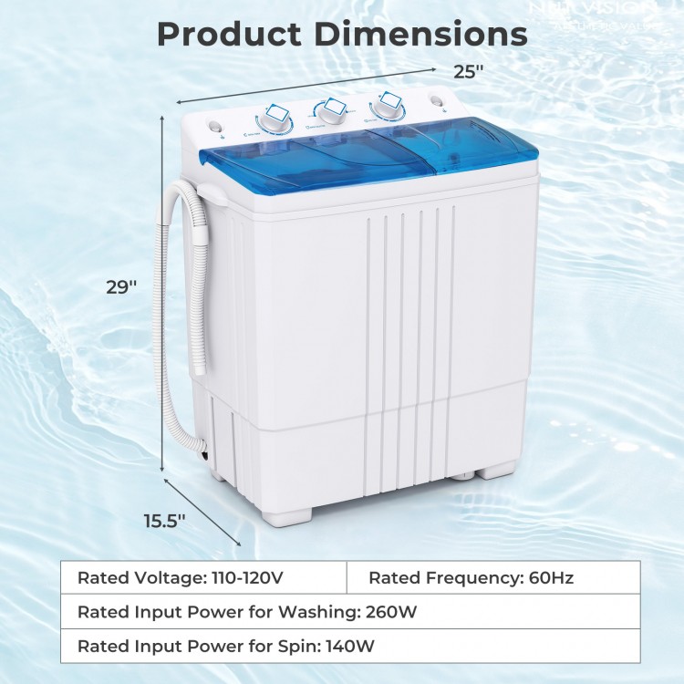 Portable washing machine with blue lid, 12 lbs capacity, and built-in drain pump for convenient home use.