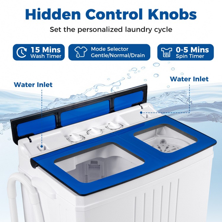 Portable washing machine with hidden control knobs, adjustable settings, and see-through lid for personalized laundry.