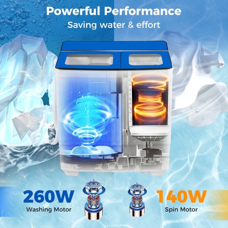 Portable washing machine in blue with twin tub design, 12 lbs washer, and 8 lbs spinner for efficient laundry.