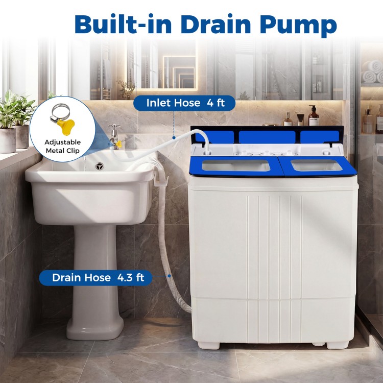 Portable washing machine with built-in drain pump, adjustable inlet hose, and twin tub design for efficient laundry.