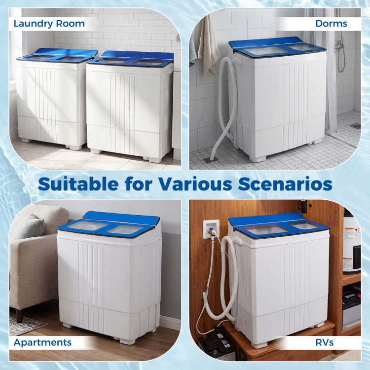 Portable washing machine in blue with twin tub design, ideal for apartments, dorms, and RVs, featuring adjustable.