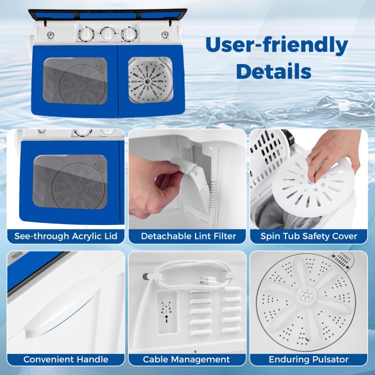 See-through acrylic lid and detachable lint filter of the blue portable washing machine for easy laundry management.