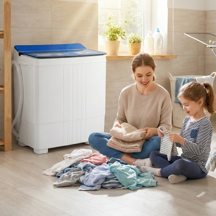 Portable washing machine with blue lid, featuring twin tub design, ideal for apartments and daily laundry needs.