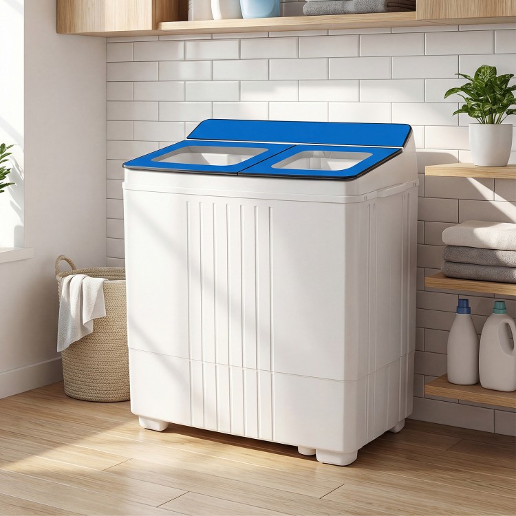 Portable washing machine with blue lid, twin tub design, and see-through acrylic lid for easy laundry in apartments.