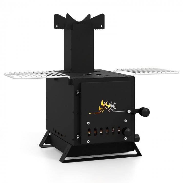 Portable wood burning stove in black with side grills, heat-resistant window, and ash door for easy maintenance.