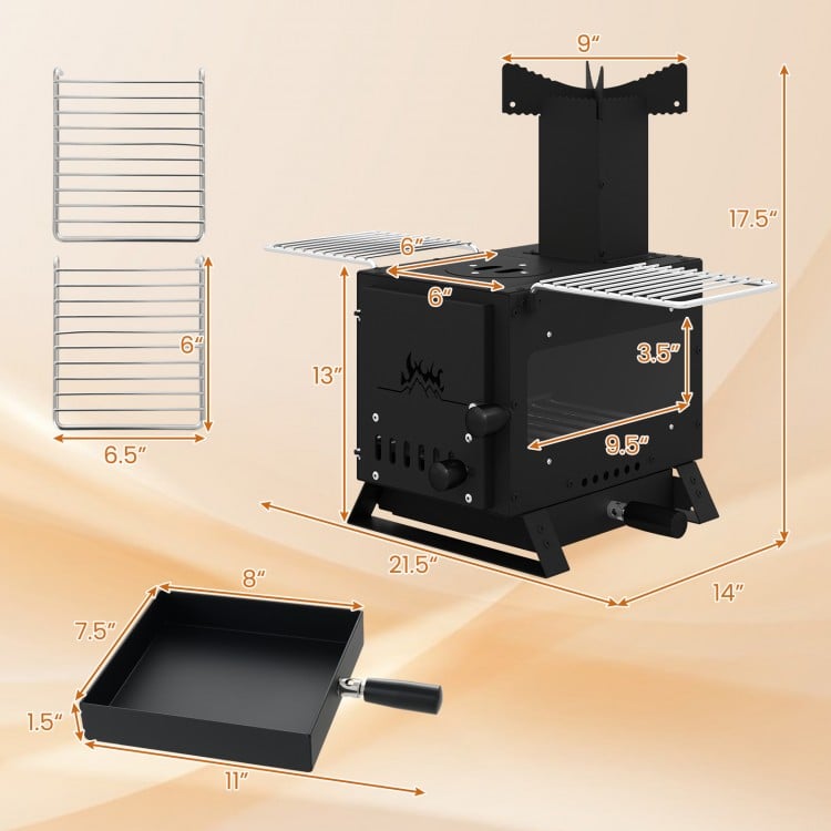 Portable wood burning stove with pot rack, featuring side grills and heat-resistant glass for versatile outdoor cooking.