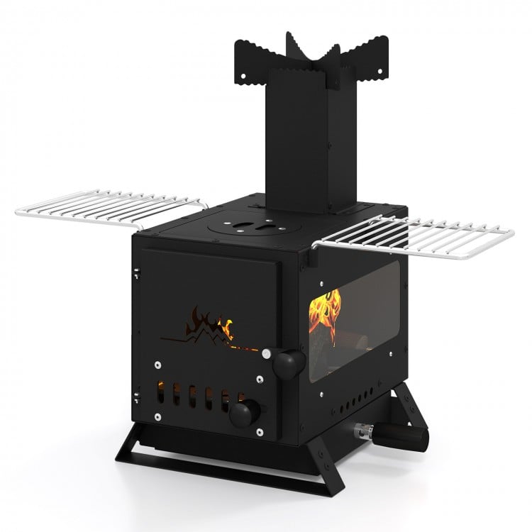Portable wood burning stove with pot rack, featuring side grills, heat-resistant glass, and robust SPCC construction.