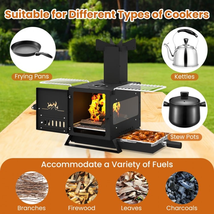 Portable wood burning stove with pot rack, made of SPCC, suitable for various fuels, ideal for outdoor cooking.