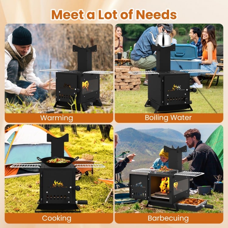 Portable wood burning stove with pot rack, ideal for cooking, barbecuing, and boiling water outdoors.