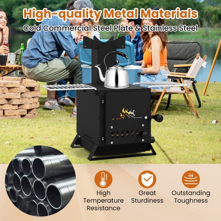 Portable wood burning stove in black with pot rack, made of SPCC, ideal for outdoor cooking and easy maintenance.