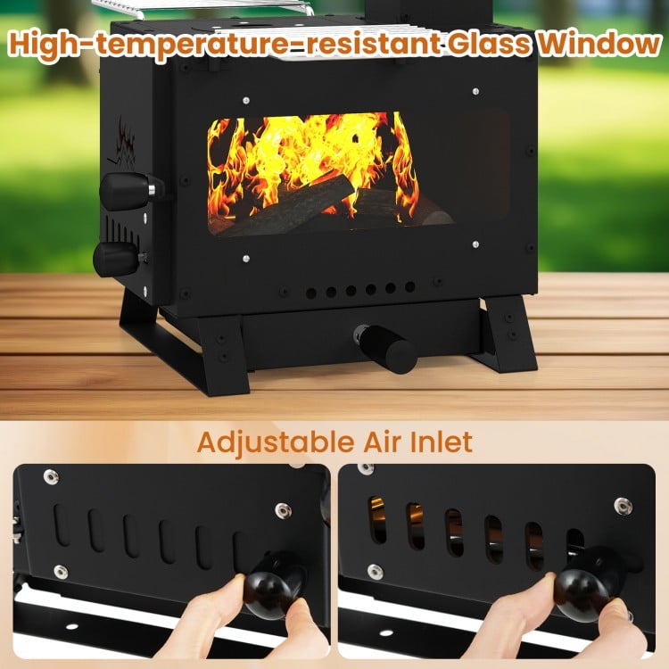 Portable wood burning stove with heat-resistant glass window and adjustable air inlet for versatile cooking options.