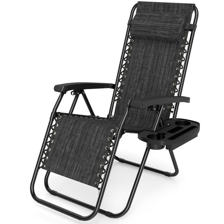 Portable zero gravity chair in gray with adjustable backrest and cup holder tray for outdoor relaxation.