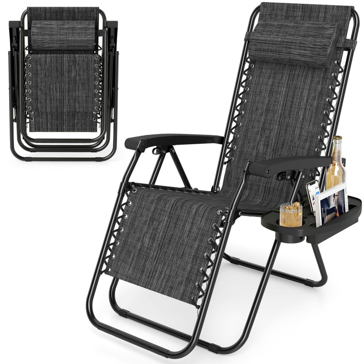 Portable zero gravity chair in gray with cup holder tray, adjustable backrest, and folding design for easy transport.