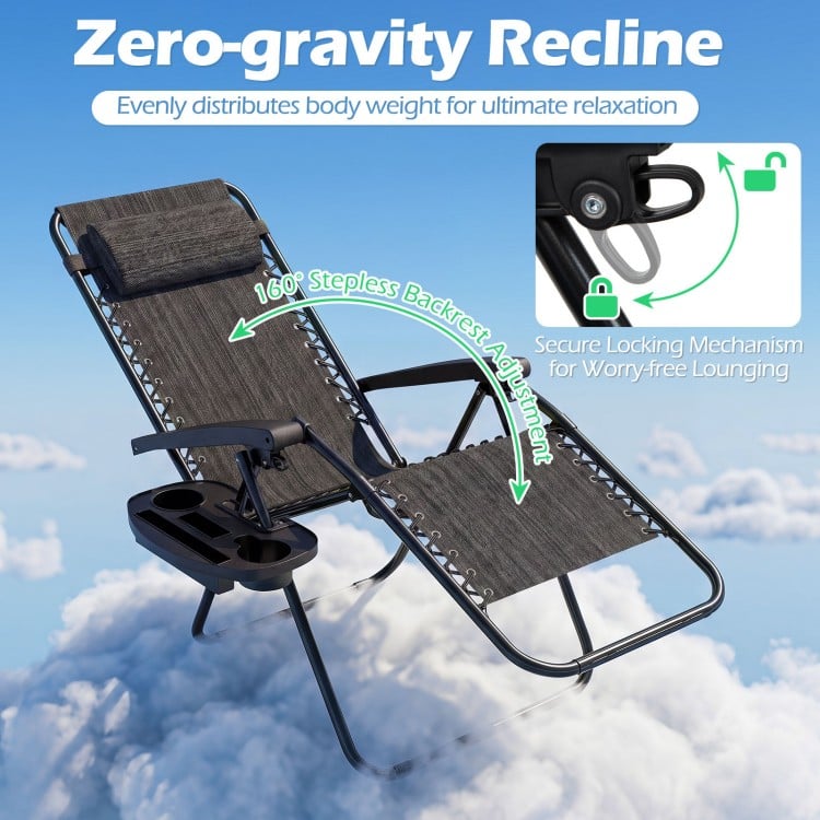 Portable zero gravity chair in gray with adjustable backrest, cup holder tray, and breathable fabric for outdoor.