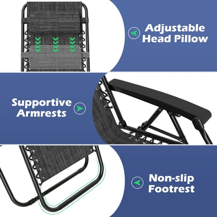 Adjustable head pillow and supportive armrests of the gray portable zero gravity chair for outdoor relaxation.
